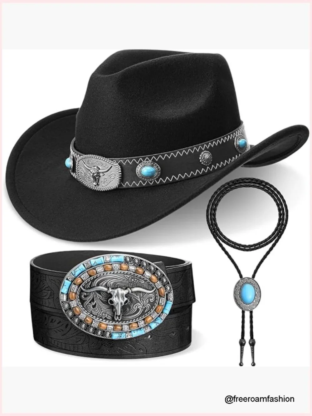 Western Cowboy Hat, Leather Necktie & Belt Set - Accessories